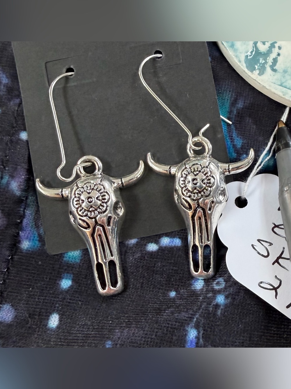Silver toned Western Skull Dangle Earrings - Set of 2 Pairs-S - Picture 6 of 7
